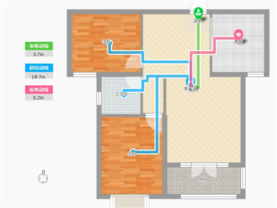 天璽名著2室2廳1衛(wèi)1廚92平米戶型居室動線圖