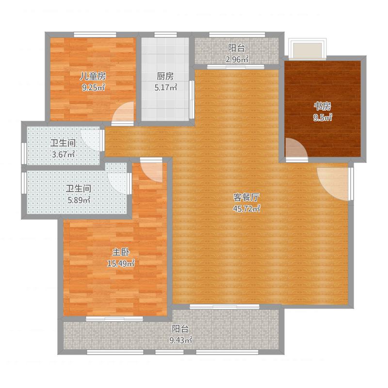 赫石府3室2廳2衛(wèi)1廚134.00㎡戶型圖