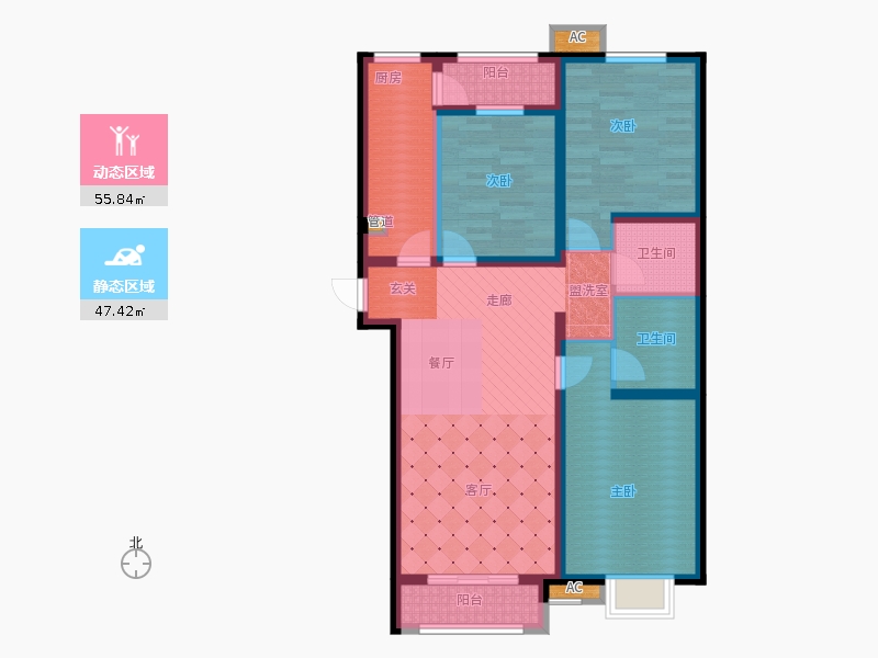 弘石灣3室2廳2衛(wèi)1廚131.00㎡動(dòng)靜分區(qū)圖