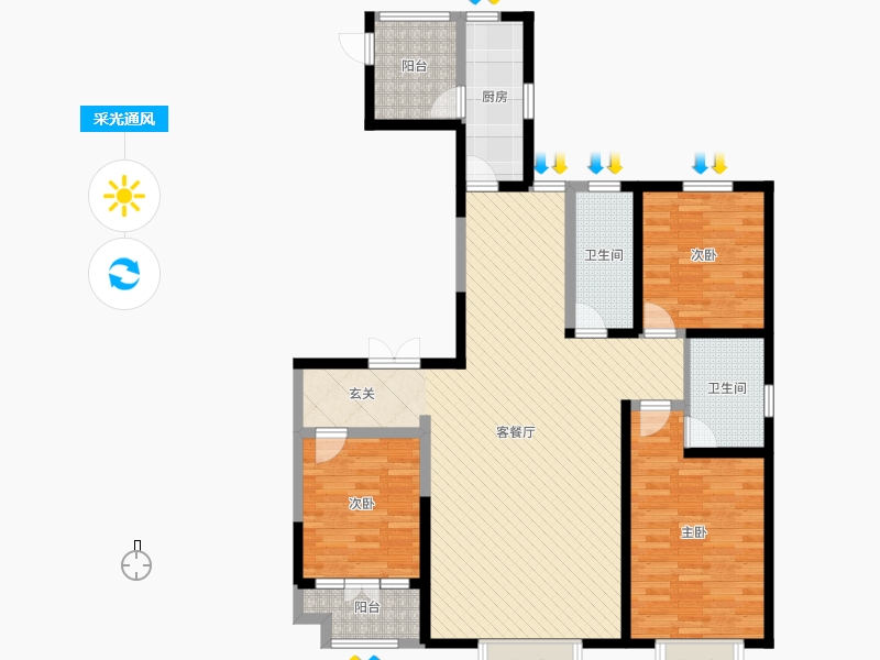 帝王國際3室2廳2衛(wèi)1廚163.00㎡采光通風(fēng)圖