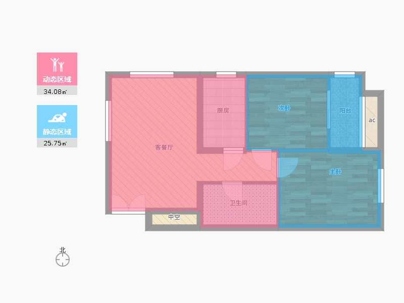 盛世御城2室1廳1衛(wèi)1廚75㎡動靜分區(qū)圖