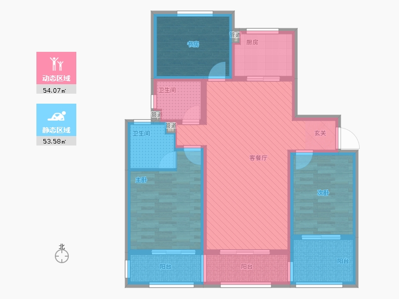 長久中心公園9號3室1廳2衛(wèi)1廚135㎡動靜分區(qū)圖
