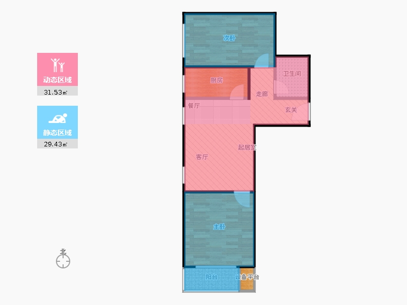 鑫界9號院2室1廳1衛(wèi)1廚77㎡動(dòng)靜分區(qū)圖