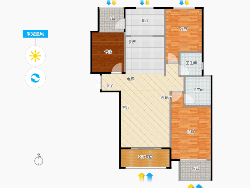 鑫界9號院3室2廳2衛(wèi)0廚121㎡采光通風圖