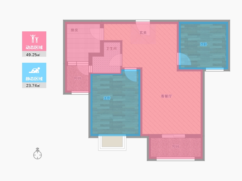 橡嶸灣2室1廳1衛(wèi)1廚72㎡動靜分區(qū)圖